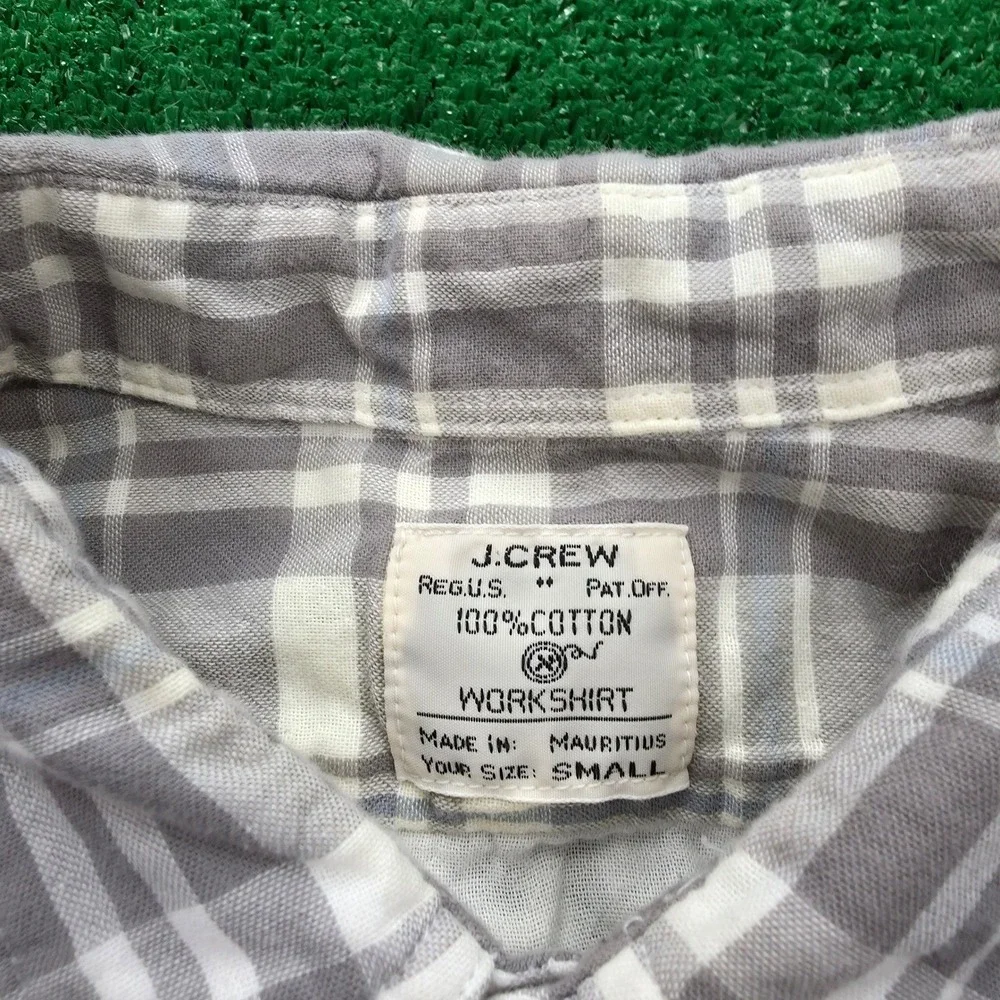 J Crew Workshirt Mens Small Grey White Plaid Flannel Long Sleeve Button Up